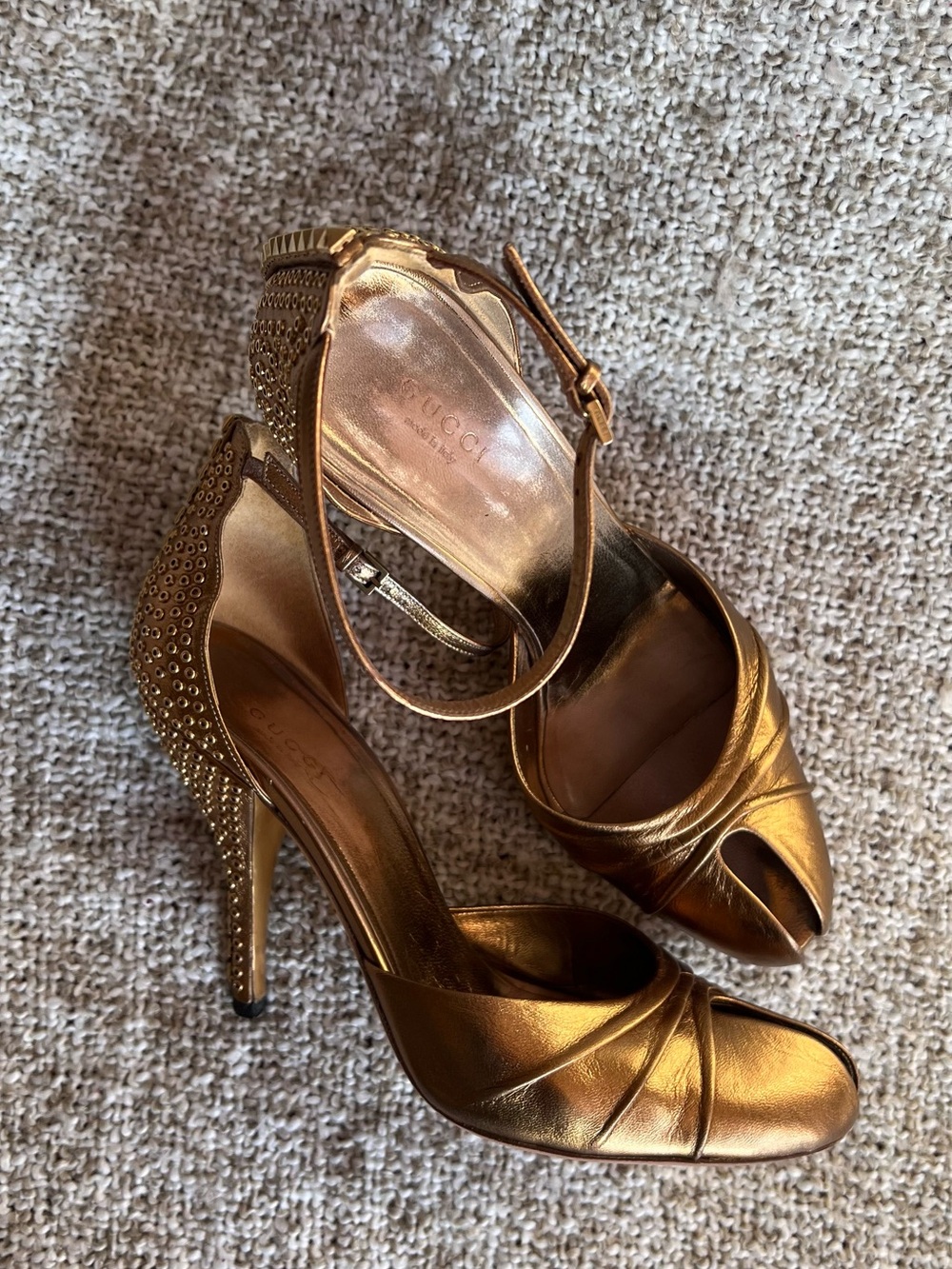 9.5 Gucci Bronze Metallic Studded Peep-Toe Ankle-Strap Heels